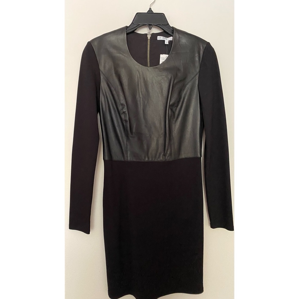 Helmut Lang Black Lambskin Leather Panel Long Sleeve Mini Dress